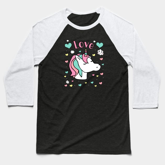 Love Pastel Heart Unicorn Baseball T-Shirt by FruitflyPie